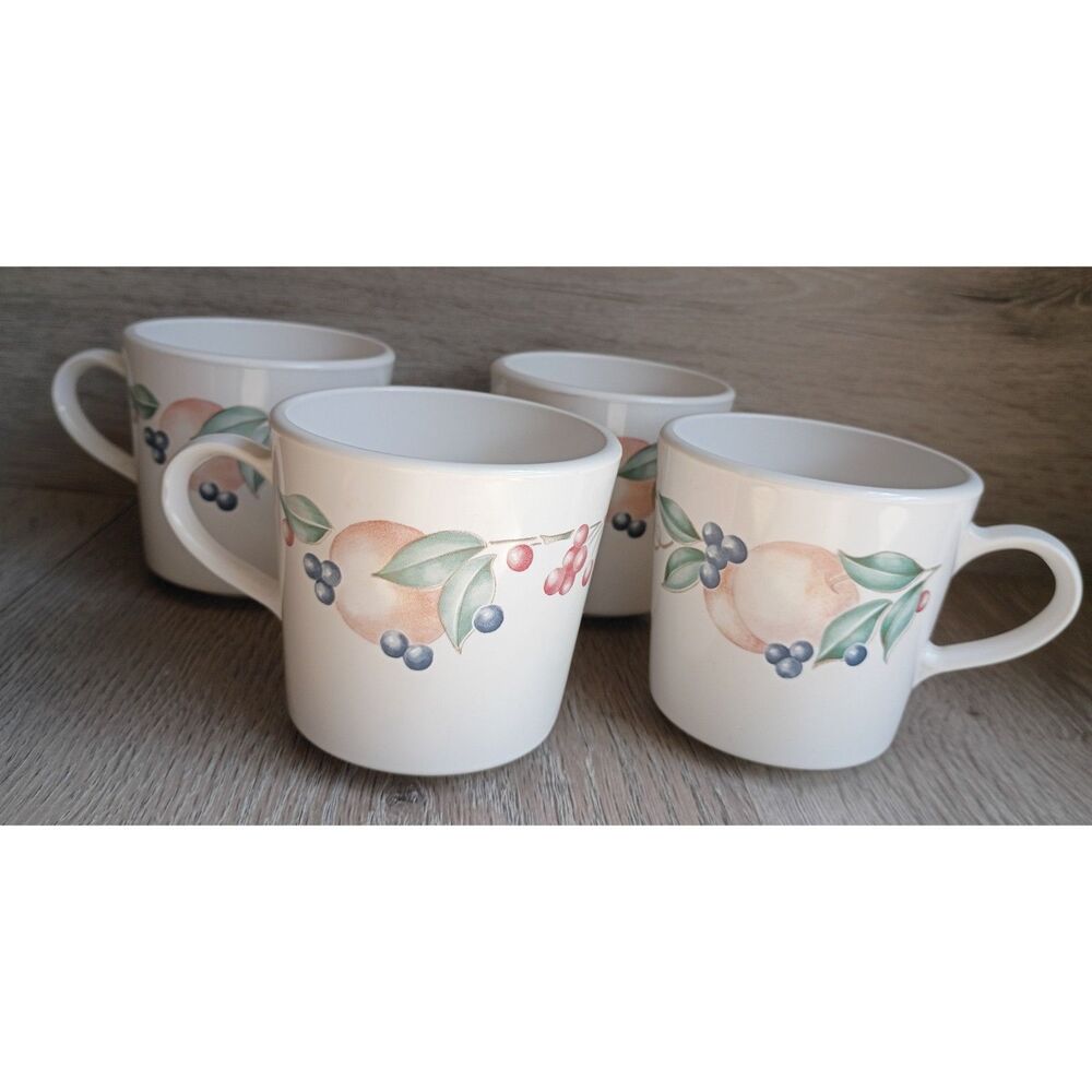 CorningWare Abundance 1980's Ceramic Mugs Set of 4 Fruit on Creme 8 ounces
